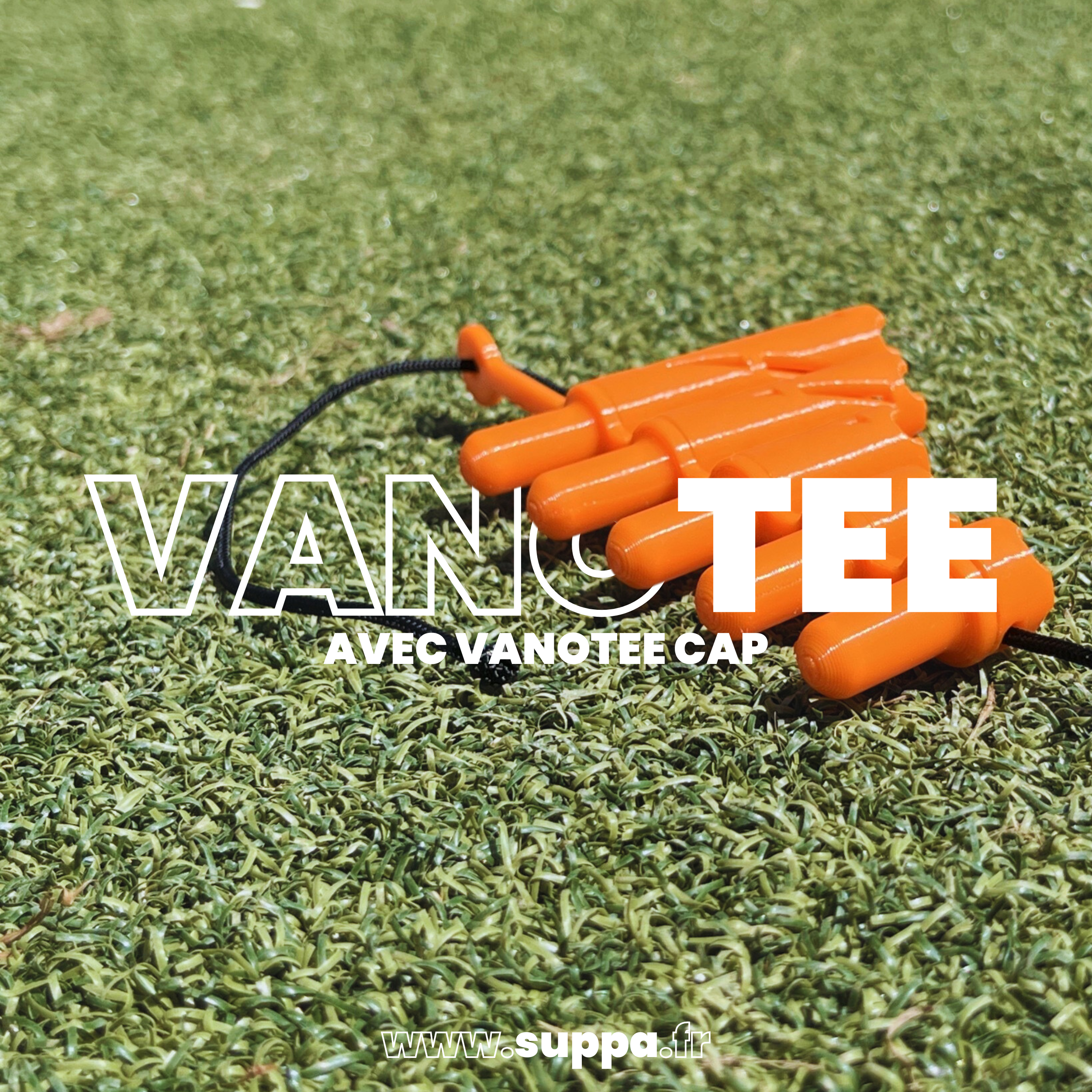 Vanotee équipé du Vanotee Cap, ensemble de tee de golf conçu pour améliorer le confort de jeu.